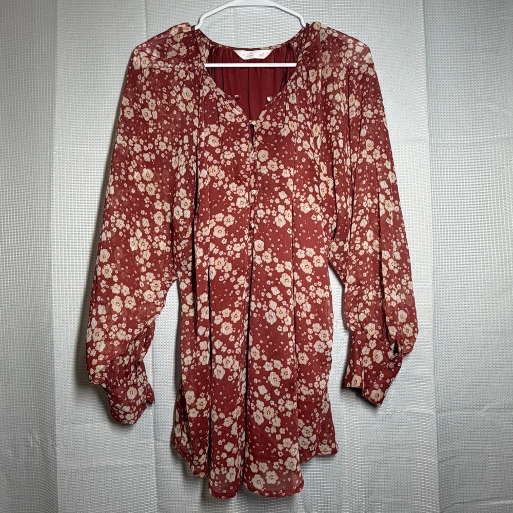 LC Lauren Conrad Tunic Blouse Large Rust Red Floral Balloon Sleeve